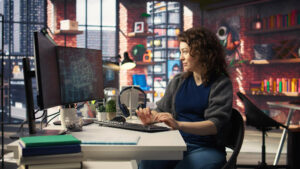 Professionnel de la formation travaillant sur un ordinateur avec des interfaces numériques symbolisant l'IA et l'ingénierie pédagogique